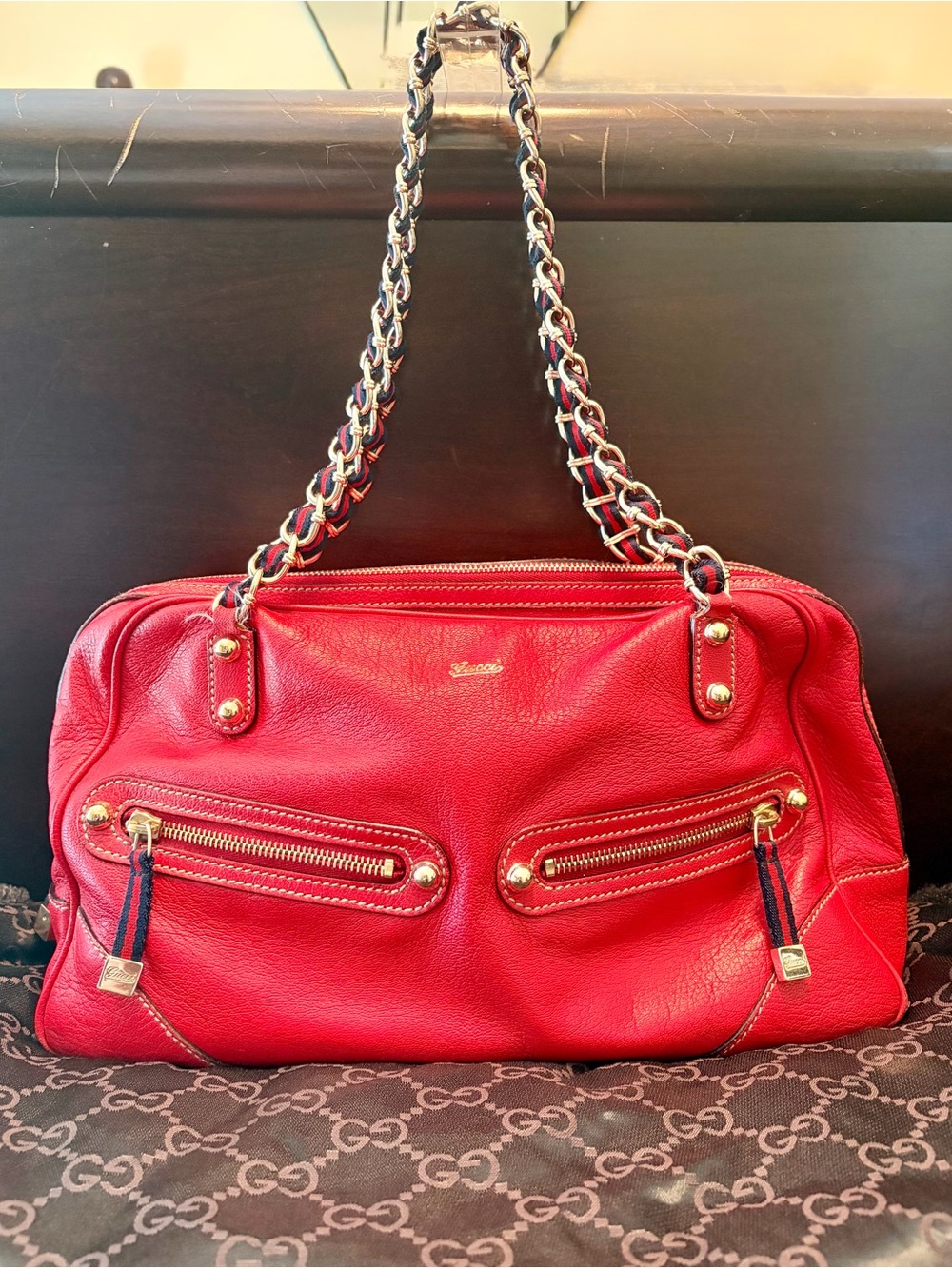 Gucci Red Leather Shoulder Bag with Gold-Tone Chain Straps